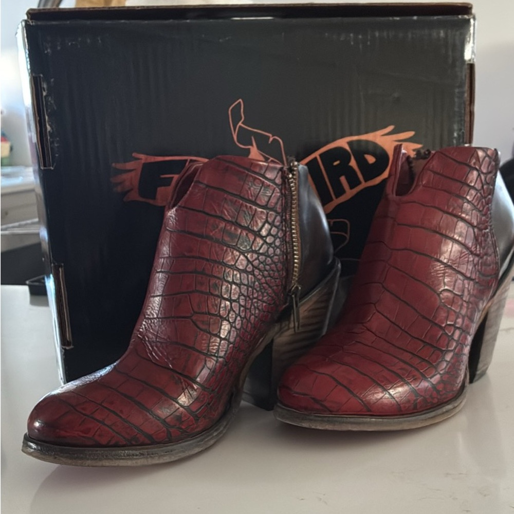 Freebird Red Croc-Embossed Ankle Booties